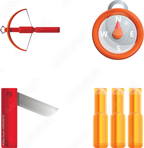 Hunter ammunition icons set cartoon vector. Huntsman equipment. Occupation, hobby