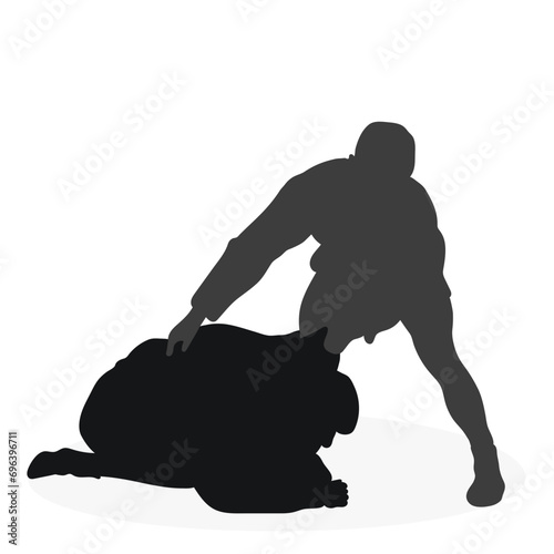Image of silhouettes sambo athletes in sambo wrestling, combat sambo, duel, fight, fistfight, struggle, tussle, brawl, jiu jitsu. Martial art, sportsmanship