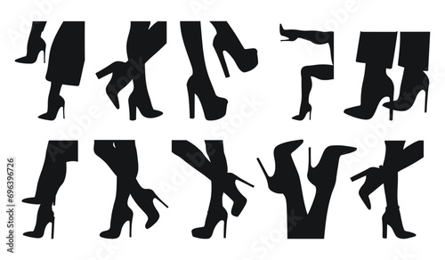 Set black silhouette of female legs in a pose. Shoes stilettos, high heels. Walking, standing, running, jumping, dance