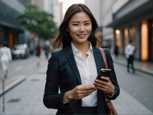 Young busy happy Asian business woman office professional holding cellphone in hands walking on big city