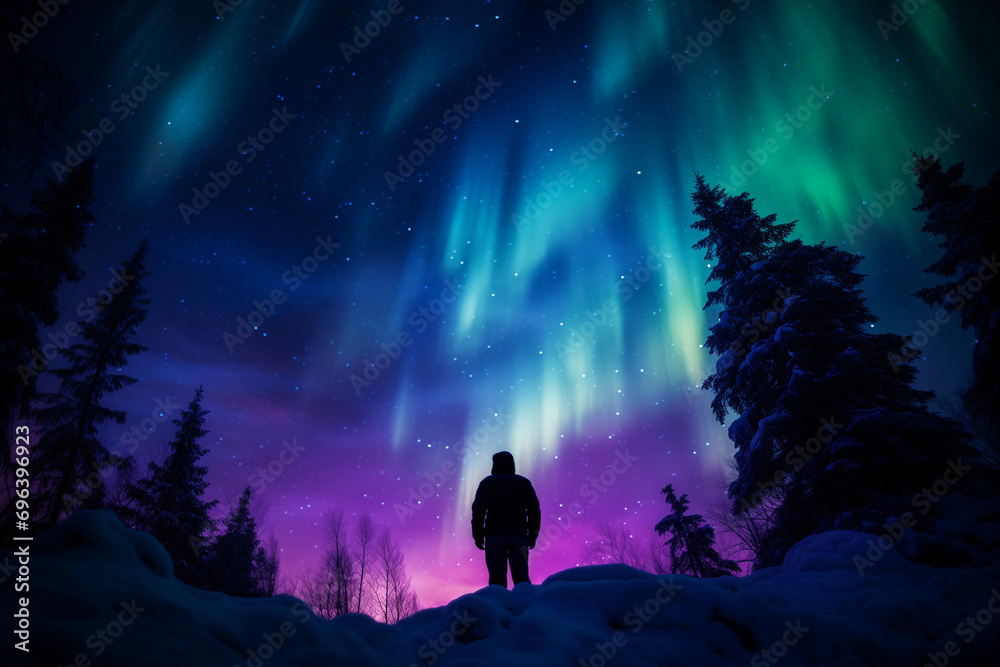 An intimate shot of a person gazing up in awe at the aurora, their silhouette outlined against the cosmic hues. An intimate shot of a person gazing up in awe at the aurora, their silhouette outlined against the cosmic hues.