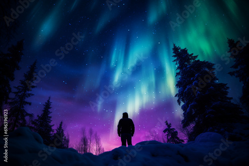An intimate shot of a person gazing up in awe at the aurora, their silhouette outlined against the cosmic hues.