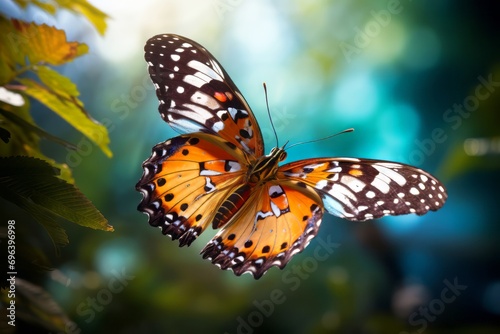 Beautiful butterfly in the nature on colorful background, macro photo with bokeh effect 