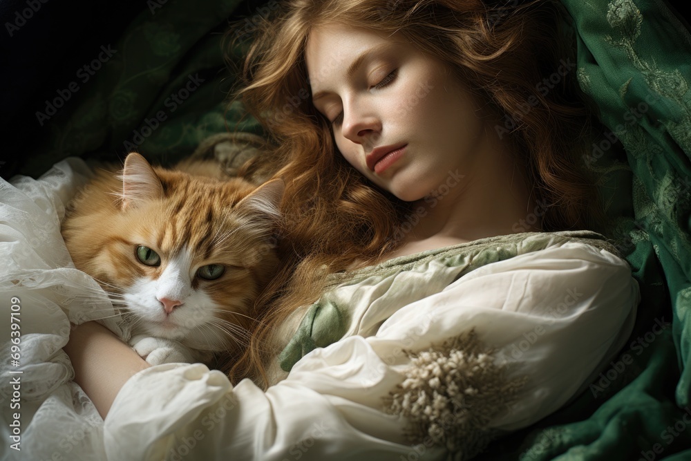 A cat is nestled in the arms of a sleeping woman