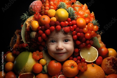 A toddler in a suit of vibrant and colorful assortment of various fresh fruits