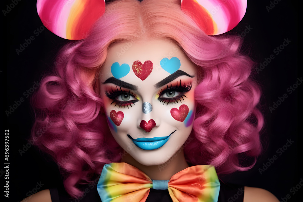 Portrait of pretty sexy woman dressed up with colorful clown costume in front of black studio background - obrazy, fototapety, plakaty 