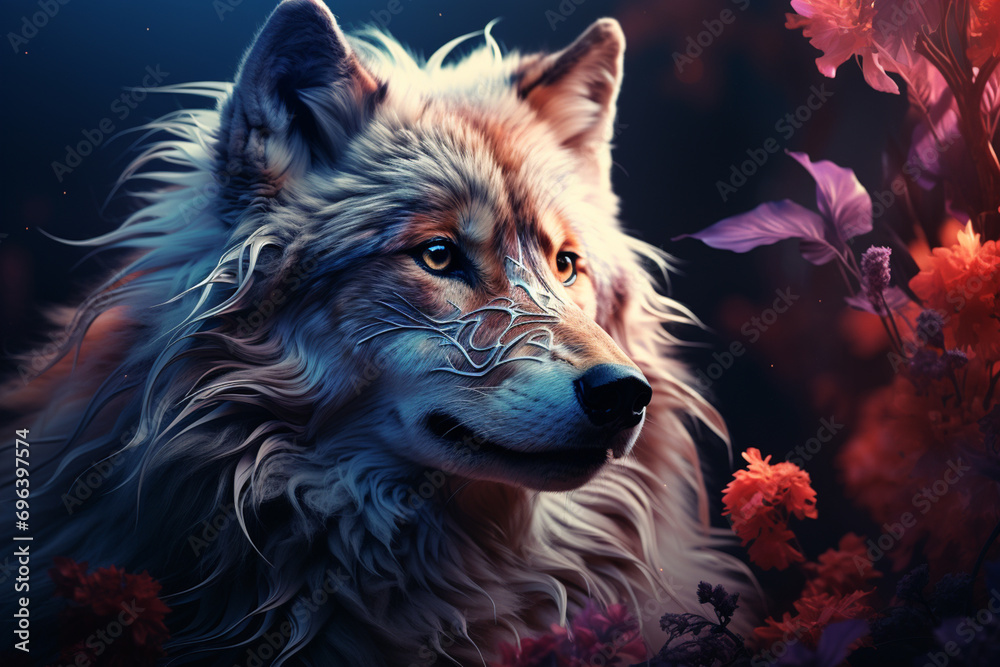 Fototapeta premium An abstract wolf design infused with whimsical elements, conveying the wisdom and intuition associated with these wild canines.