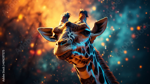 A giraffe portrayed against a galactic horizon, blending abstract cosmic elements with the distinctive grace of the world's tallest mammal.