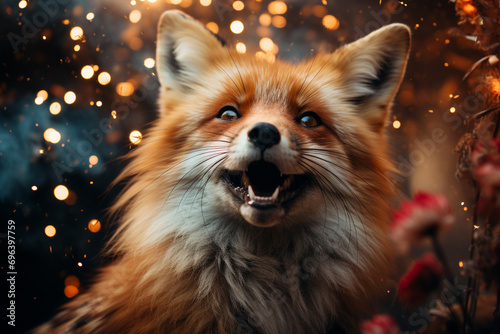 A fox surrounded by ferocious fireworks of abstract patterns, symbolizing the cunning and adaptability of these clever canines. photo