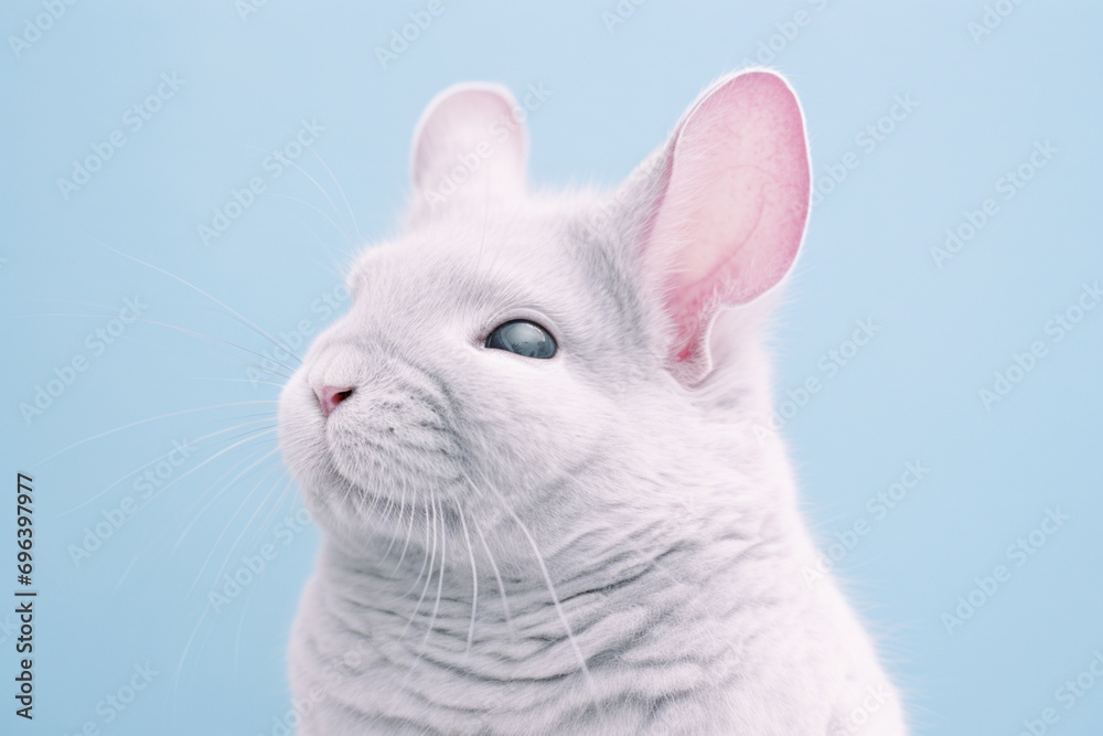 A portrait of a delicate chinchilla, its fur reflecting soft pastel tones, exuding elegance against a muted studio backdrop.