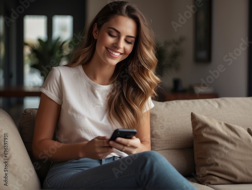 Smiling relaxed young woman sitting on couch using cell phone