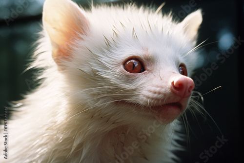 A close-up of an albino raccoon, its inquisitive expression emphasizing the proximity of wildlife in urban environments.
