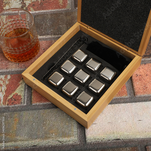 Stainless Steel Whiskey Stone Set in Bamboo Box, Whiskey Stone Set, Gift for Whiskey Lover, concept shot, top view, whiskey stones photo