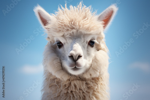 A fluffy Alpaca with a gentle gaze, photographed against a powdery blue background, emphasizing its woolly coat.