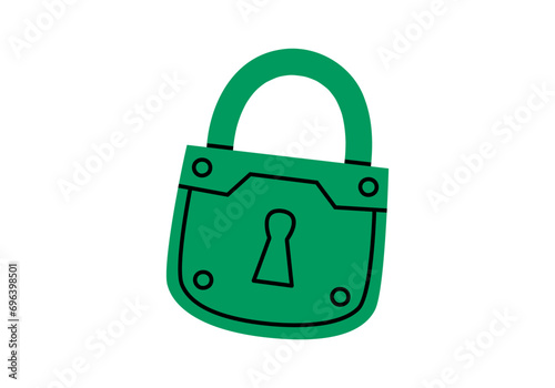 Hand drawn cute cartoon illustration of closed lock. Flat vector protection tool sticker in doodle style. Financial literacy or safety icon. Reliability and trust in banking. Security system. Isolated