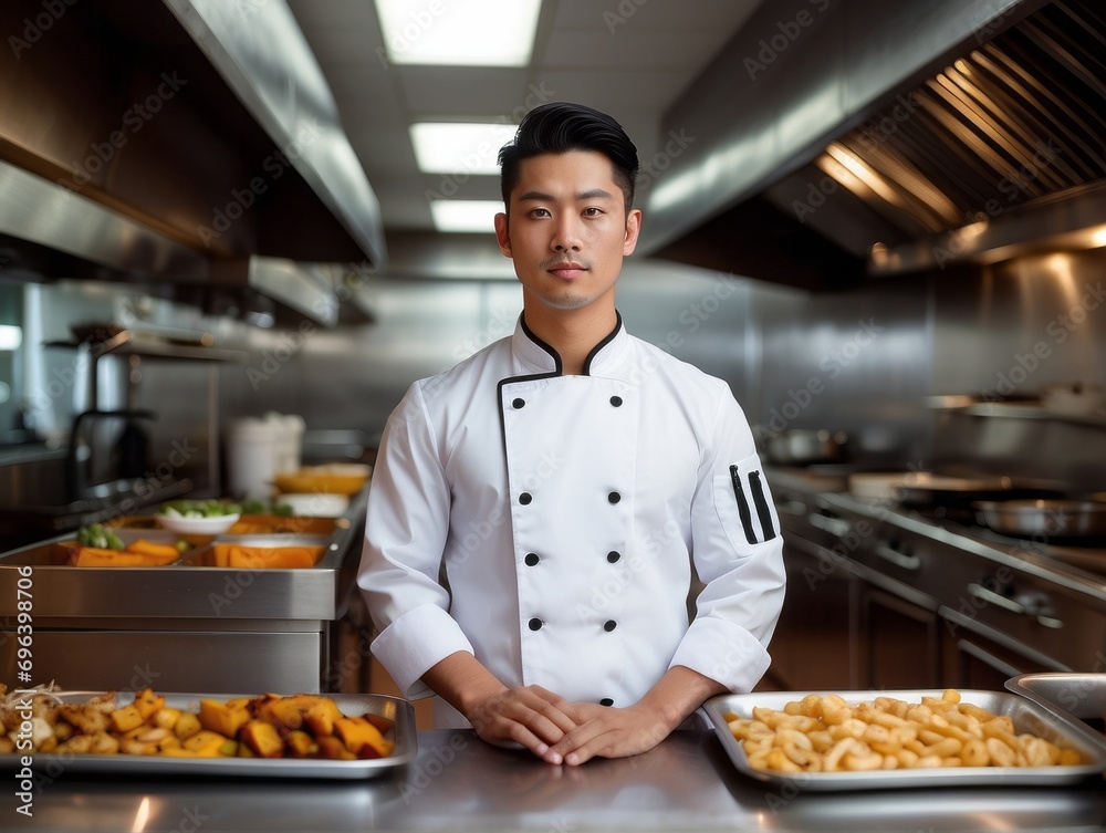 closeup photo portrait of a handsome young chef cook with white uniform standing