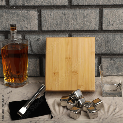 Stainless Steel Whiskey Stone Set in Bamboo Box, Whiskey Stone Set, Gift for Whiskey Lover, concept shot, top view, whiskey stones photo