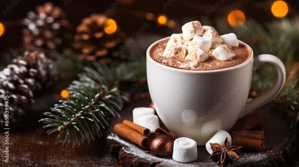 Close up mug with hot chocolate with melted marshmallow, christmas winter decorations background, generative ai Close up mug with hot chocolate with melted marshmallow, christmas winter decorations background, generative ai
