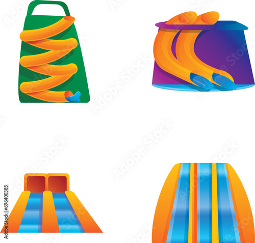 Water attraction icons set cartoon vector. Various water slide. Aquapark, amusement park
