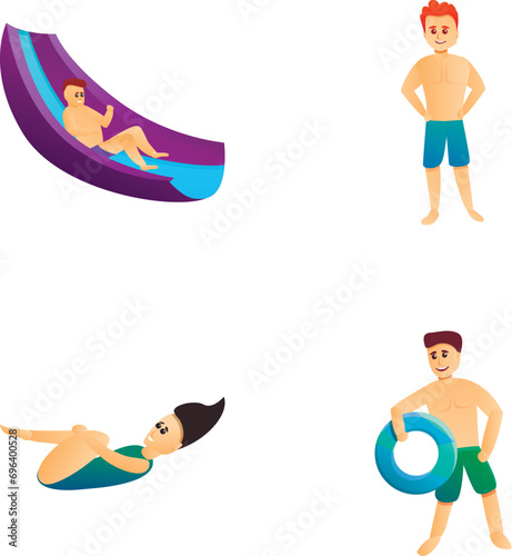 Aquapark recreation icons set cartoon vector. People during summer holiday. Water attraction