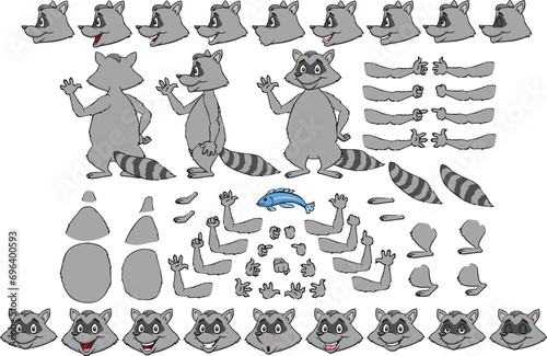Vector cartoon style raccoon character for animation. Different emotions, gestures and poses. Isolated vector illustration.