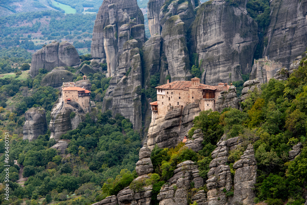 Monasteries at meteora kalampaka build on top of sandstone ridge. Saint barbara Rousanou monastery, kalabaka Greece