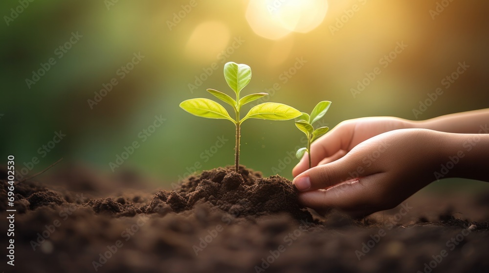 Children hold young tree ready to grow in fertile soil, prepare for plant and reduce global