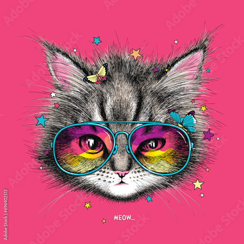Beautiful kitten in sunglasses. Realistic sketch. Meow illustration. Stylish image for printing on any surface