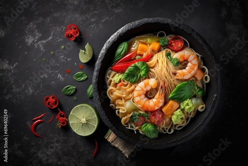 Noodles with shrimps, vegetables and spices on black background