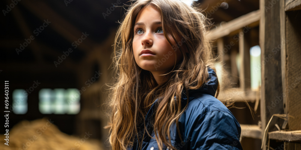 Pensive young girl in denim in rustic barn with soft natural light Pensive young girl in denim in rustic barn with soft natural light