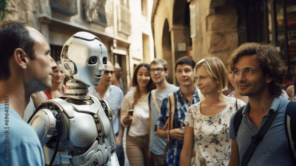 Robots assist guides in giving advice to tourists. - obrazy, fototapety, plakaty 