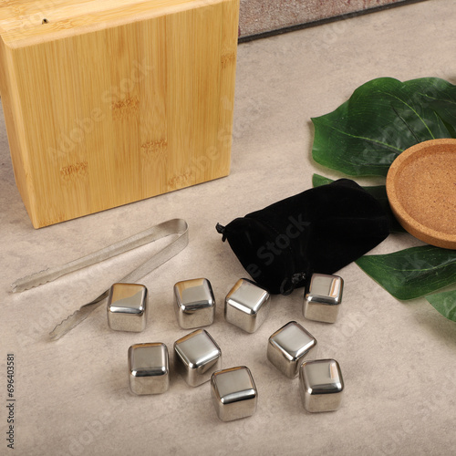 Stainless Steel Whiskey Stone Set in Bamboo Box, Whiskey Stone Set, Gift for Whiskey Lover, concept shot, top view, whiskey stones photo