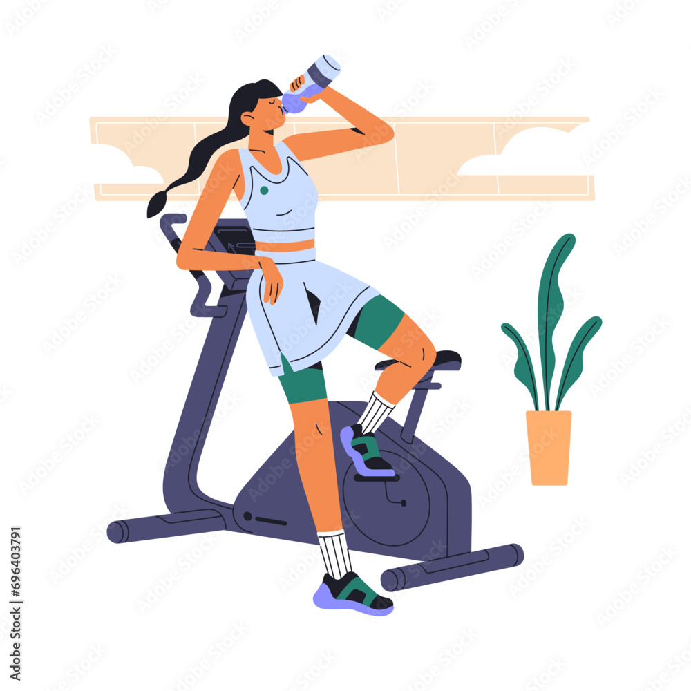 Obraz premium Sportswoman training on sport equipment, exercise bike. People cycling, practice endurance in the gym. Slim woman rests after cardio workout, drinks water. Flat isolated vector illustration on white