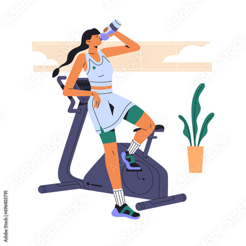 Sportswoman training on sport equipment, exercise bike. People cycling, practice endurance in the gym. Slim woman rests after cardio workout, drinks water. Flat isolated vector illustration on white