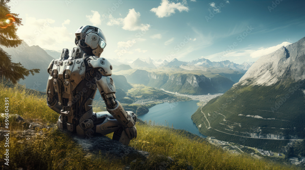 A robot sits staring at a mountain view.