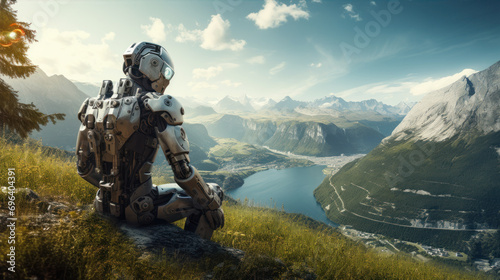 A robot sits staring at a mountain view.