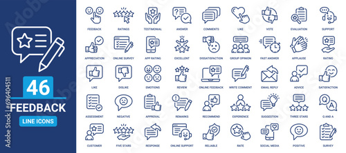 Feedback icon set. Containing customer review, satisfaction, ratings, opinion, social media, survey and evaluation icons. Outline vector icons collection.