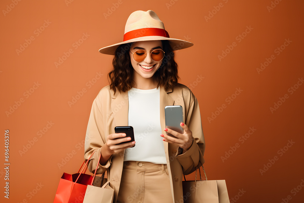 woman carrying shopping bags, opening social media to look for online shopping promotions and discounts woman carrying shopping bags, opening social media to look for online shopping promotions and discounts