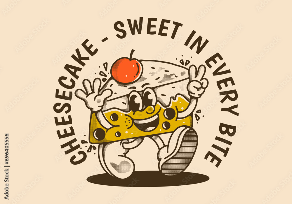 Cheesecake, sweet in every bite. Mascot character illustration of walking cheesecake Cheesecake, sweet in every bite. Mascot character illustration of walking cheesecake