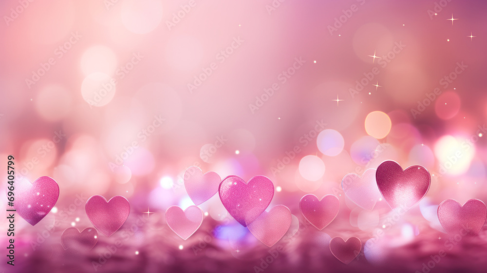Lovely pink sparkling hearts on romantic bokeh background