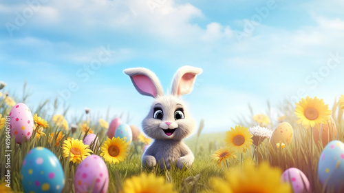 copy space, stockphoto, Cute Cartoon Spring Easter Bunny in a Field of Flowers and Easter Eggs. Beautiful design for school, menu, poster, greeting card.