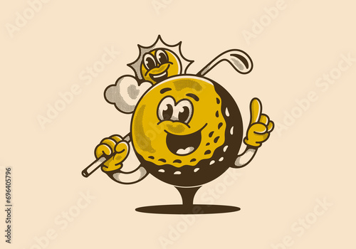 I'd rather be golfing. Vintage character illustration of a golf ball holding a golf stick