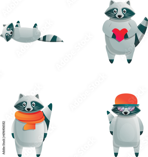 Cheerful raccoon icons set cartoon vector. Cute little raccoon. Cartoon character