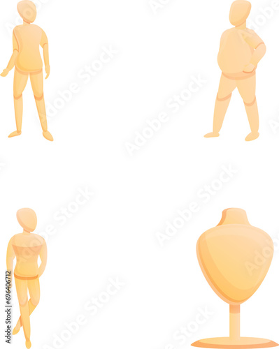 Various mannequin icons set cartoon vector. Atelier mannequin. Equipment for atelier and shop
