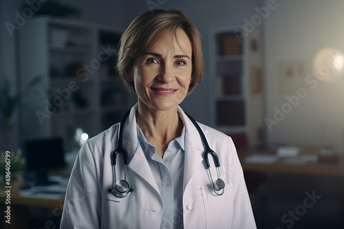 middle-aged woman doctor in a white medical coat with a stethoscope in the hospital.