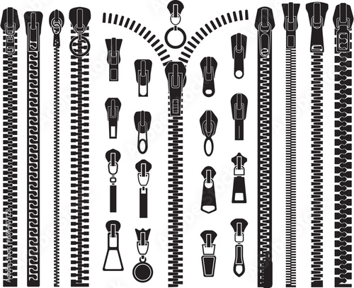 Zipper fasteners. Clothing zipper pullers silhouettes, closed zipper lock, slide fasteners isolated vector illustration set