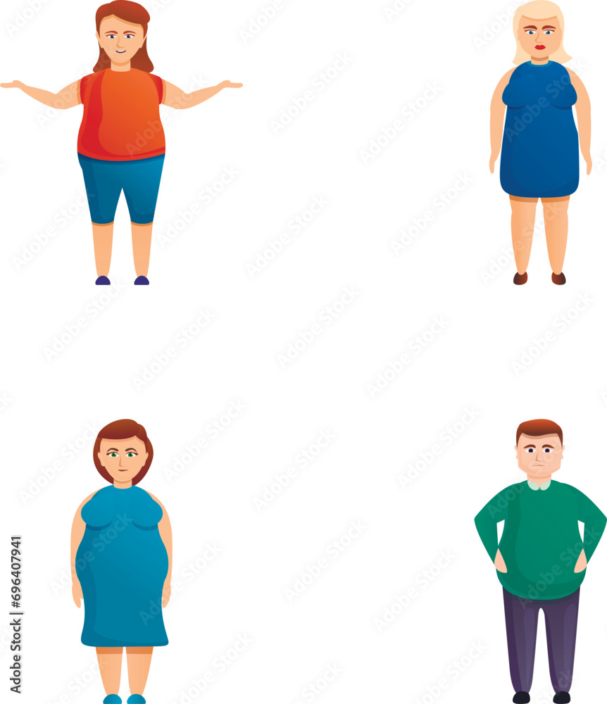 Overweight people icons set cartoon vector. Man and woman overweight. Obese, health problem Overweight people icons set cartoon vector. Man and woman overweight. Obese, health problem