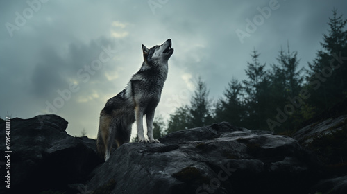 wolf howls at the moon standing on a rock photo