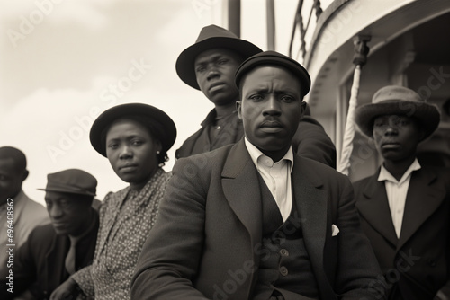 A vintage black and white photo of Caribbean citizens arriving on a boat to the UK after the war photo