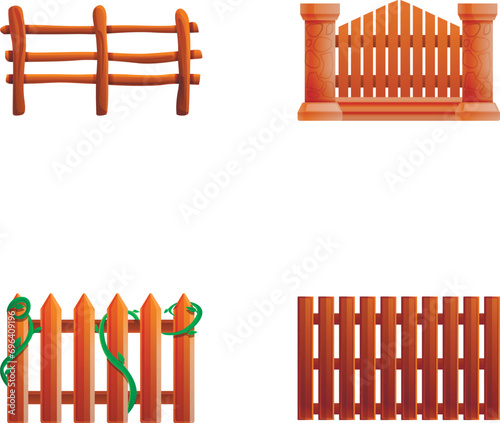 Wooden fence icons set cartoon vector. Different type of wood fence. Fencing, architectural element